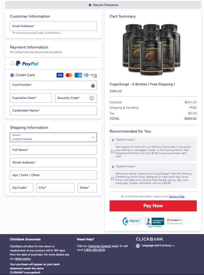 CogniSurge Official Website Secure Order Page